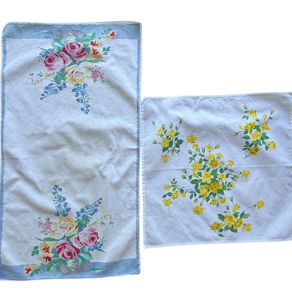 Vintage Floral Tea Towel Set Yellow Pink Blue Roses Kitchen Linens 2 Piece